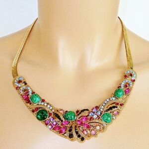 VTG  SAMO GOLDTONE FAUX JADE RUBY DIAMOND SAPPHIRE STONE BIB NECKLACE 16" 1950'S